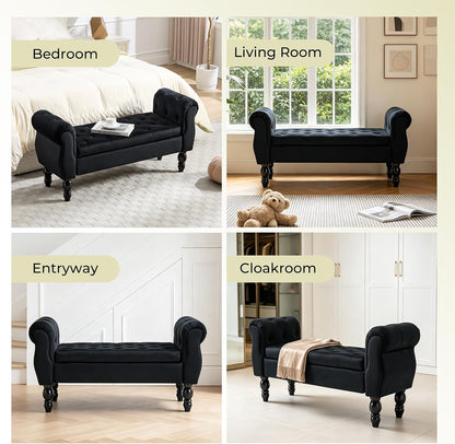 Velvet Upholstered Storage Bench with Arms and Wooden Legs, 47.6" Modern Button Tufted Bench for Bedroom End of Bed, Upholstered Living Room Entryway Sitting Window Benches for Hallway, Black