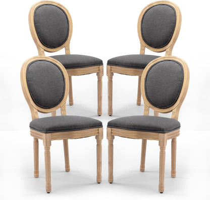 French Country Dining Chairs Set of 4, Upholstered Dining Room Chairs with Round Back, Solid Wood Legs, Oval Side Chairs for Kitchen,Bedroom,Dining Room,Restaurant(Dark Grey-Fabric)