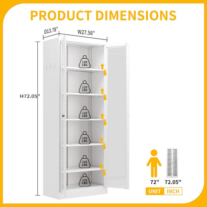 Kitchen Pantry Cabinet, 72" Tall Pantry Storage Cabinet with Adjustable Shelves and Glass Doors, Metal Storage Cabinets with Handle for Living Room, Kitchen, Assemble Required (White)