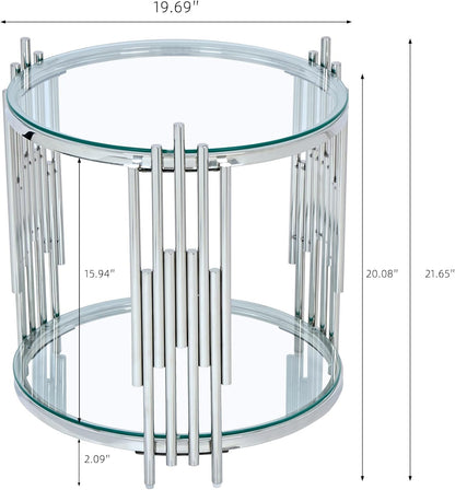 19.69” Round Glass End Table, 2-Tier Side Table with Clear Tempered Glass Top Silver Mirrored Stainless Steel Legs, Modern Luxury Nightstand Bedside Table with Lower Shelf for Living Room