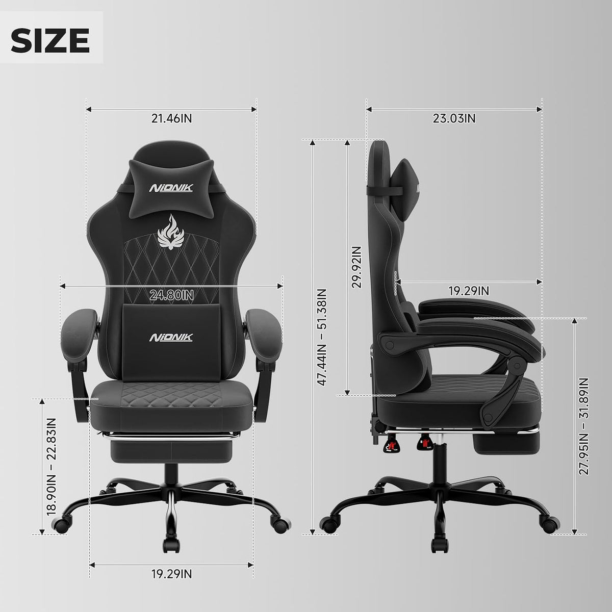 Ergonomic Gaming Chair Video Gamer Chairs Gaming Computer Chairs Gamer Chairs for Adults Massage Lumbar Support Swivel Height Adjustable Headrest Backrest Black