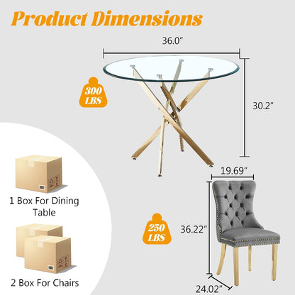 Glass Dining Table Set for 4, 5-Piece Round Tempered Glass Kitchen Table Set with 4 Velvet Upholstered Dining Chairs for Living Room, Kitchen, Small Apartment (Gold,Gray)
