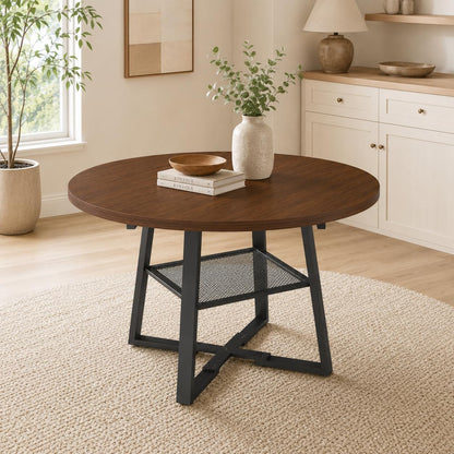 Round Extendable Dining Table, 47.2 to 59 Inch Kitchen Table for 4 to 6 People, Farmhouse Dining Room Table with Metal Mesh Storage Shelf, Walnut Wood Grain Top for Small Spaces Apartment
