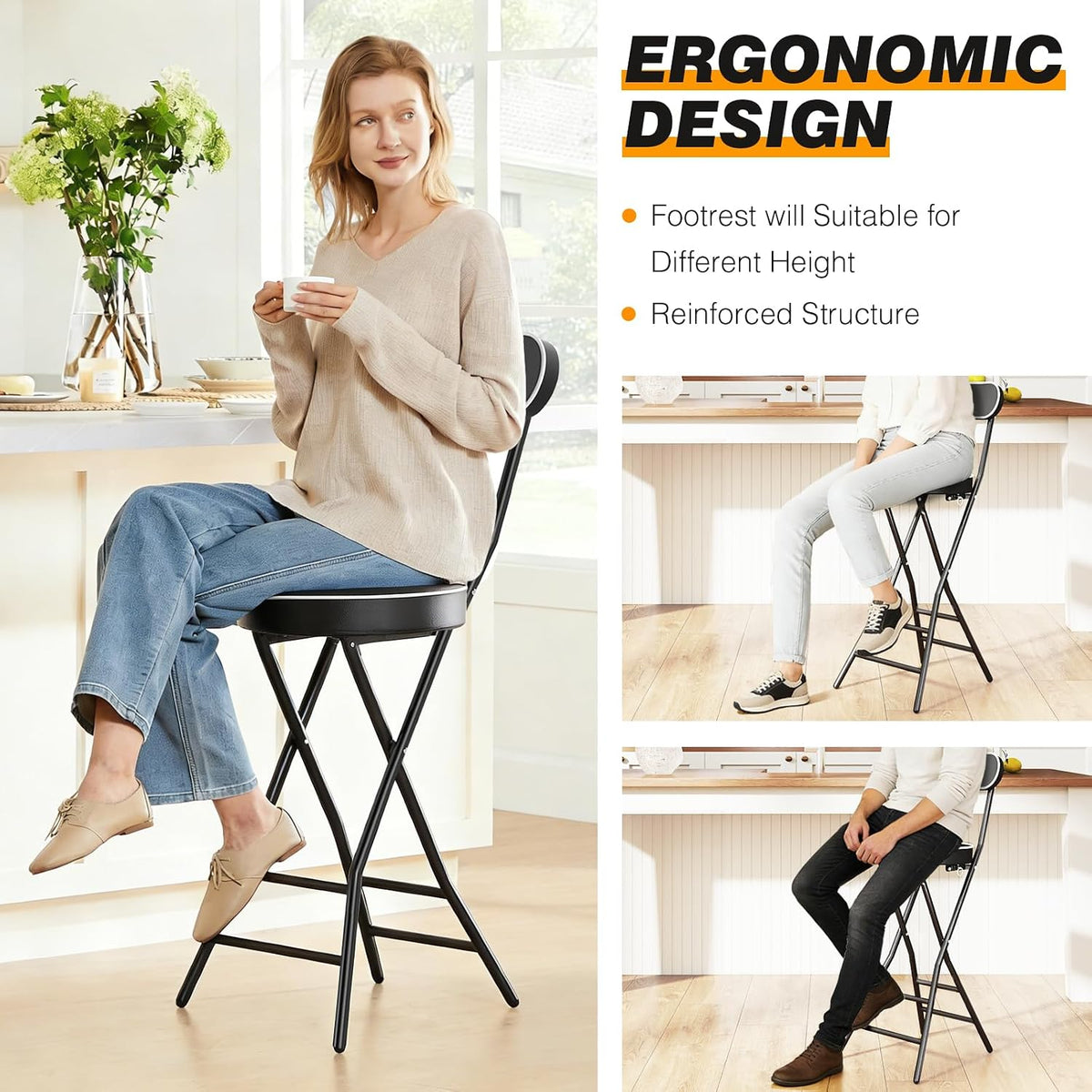 5Rcom 2 Pack Folding Stool, 24 inch Cushioned Padded Folding Bar Stool with Backrest, Foldable Stools for Adults Up to 400lbs, Collapsible Round Folding Counter Height Stool Chair for Camping Kitchen