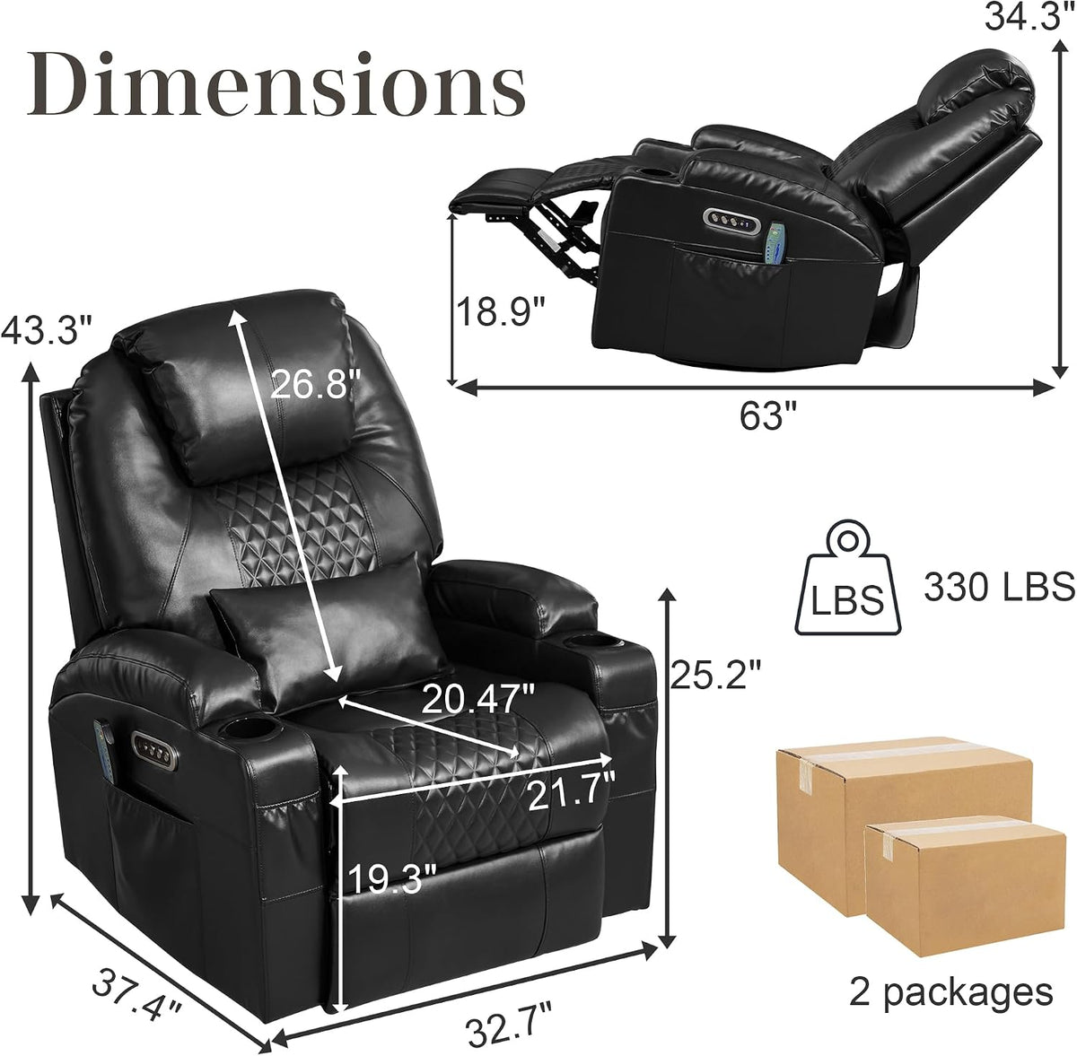 AHMED Dual Motor Power Swivel Rocker Recliner Chair, Faux Leather, Black | Electric Glider Rocking Chair, Massage & Heat, Cup Holders, LED Lights, USB A/USB C Ports