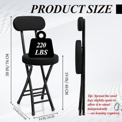 4 Pack Folding Bar Stool Cushioned Padded Folding Stool, 19 Inch Height Bar Stools with Backrest, Faux Leather Seat, Black Foldable Chair Support 220 LBS for Kitchen Room Hiking Camping Fish