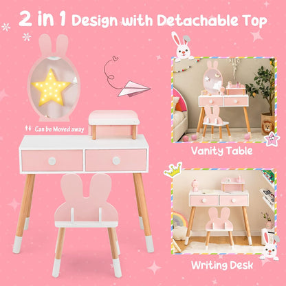 Costzon Kids Vanity, Girls Vanity Set with Mirror & Stool, 2 Large Drawers, Storage Shelf, Wooden Princess Makeup Dressing Table, Kids Vanity Table and Chair Set (Pink)