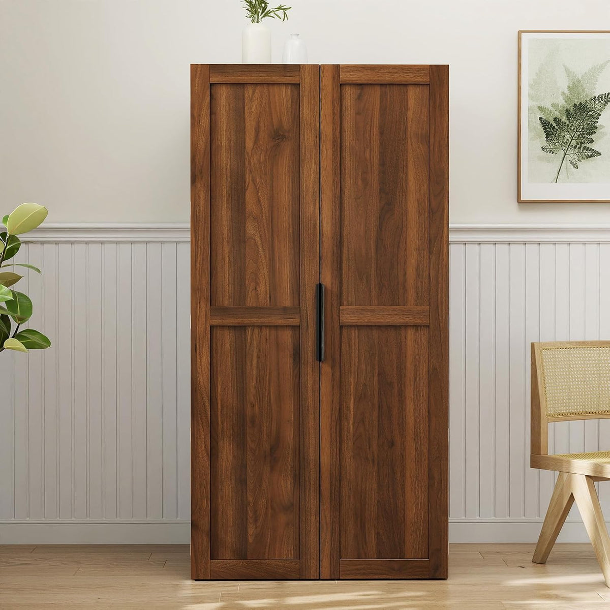 22 in Deep Kitchen Pantry Storage Cabinet with Door Shelving Walnut | 180° Doors with Bottom Rollers, Adjustable Shelves