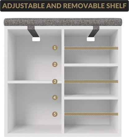 Shoe Bench with Padded Seat, 20'' Shoe Storage Bench with Adjustable Shelves & Side Pockets, 5 Cubes Storage Organizer for Entryway, Porch, Mudroom, Hallway(20''x12''x21''), White