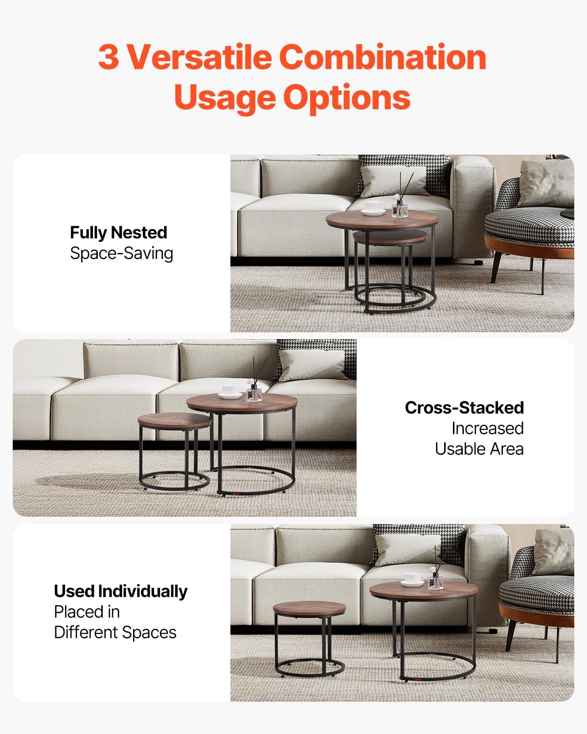 VEVOR Nesting Tables, Coffee Table Set of 2, 23.6 inch Round Coffee Table, Small Coffee Tables Night Stand with Metal Frame, for Living Room, Bedroom, Office (Brown & Black)