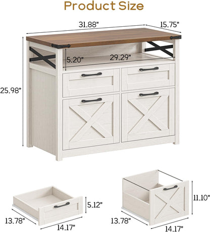 Farmhouse 4 Drawer File Cabinet with Open Storage Shelf, Lateral Filing Cabinet Fits Letter/A4/ Size, Home Office Filing Organizer, Document Storage Printer Stand for Office and Home. Uunique White