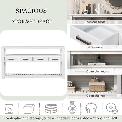 LUMISOL Console Table with 4 Drawers and 3-Tier Open Shelves, Wood Sofa Table Behind Couch with Metal Handles, Entryway Table for Living Room Foyer and Kitchen, White