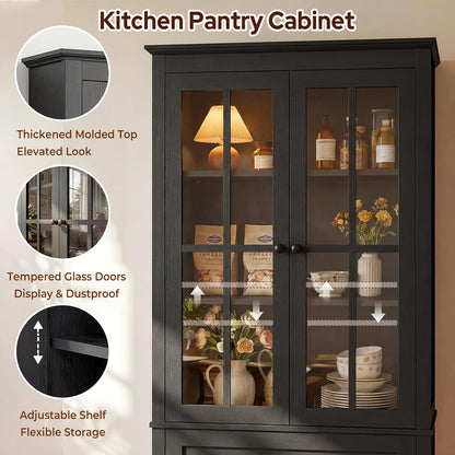 63" Kitchen Pantry Cabinet, Modern Farmhouse Storage Cabinet with Tempered Glass Doors & 2 Large Drawers, Wood Cupboard with Adjustable Shelves for Dining Room, Kitchen, Black