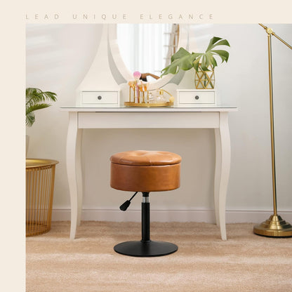LUE BONA 360°Swivel Vanity Stool Chair for Makeup Room, Height Adjustable Stool for Vanity with Storage, Small Whiskey Brown Faux Leather for Bathroom, Living Room