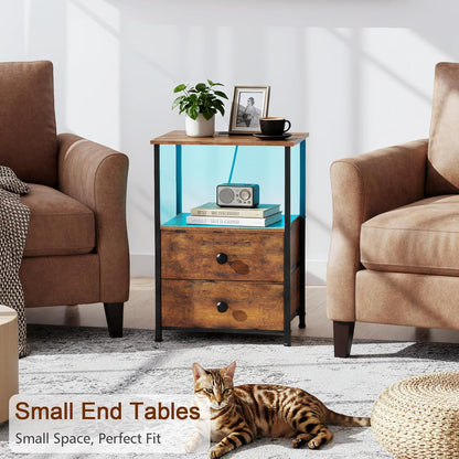 LOAKEKEL Nightstands Set of 2, LED Night Stand with Charging Station | Bedside Table with Type-C Outlets & 2 Fabric Drawers, End Tables with Storage Shelf for Bedroom, Small Spaces, Brown