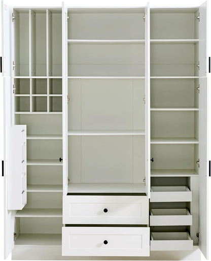 Kitchen Pantry with 6-Door, Drawers, Adjustable Shelves, Pull-Out, White | Spacious 53.2" freestanding sideboard with 6 doors, white finish, ideal for dining area, hallway, or living room display