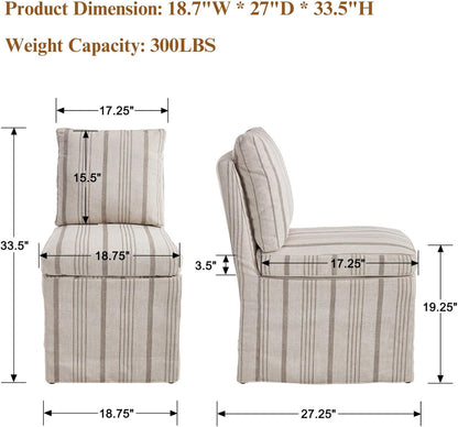 Upholstered Dining Chairs Set of 6 Slipcovered Armless Dining Chair with Solid Wood Legs, Soft Padded Upholstered Side Chair for Dining/Living/Readin Room, Banquet, Khaki Stripe