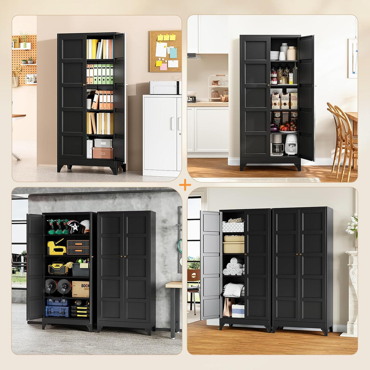 Yizosh Metal Pantry Cabinet,- 72" Black Kitchen Pantry Storage Cabinet with Doos and Adjustable Shelves for Kitchen, Living Room,Dining Room,Home