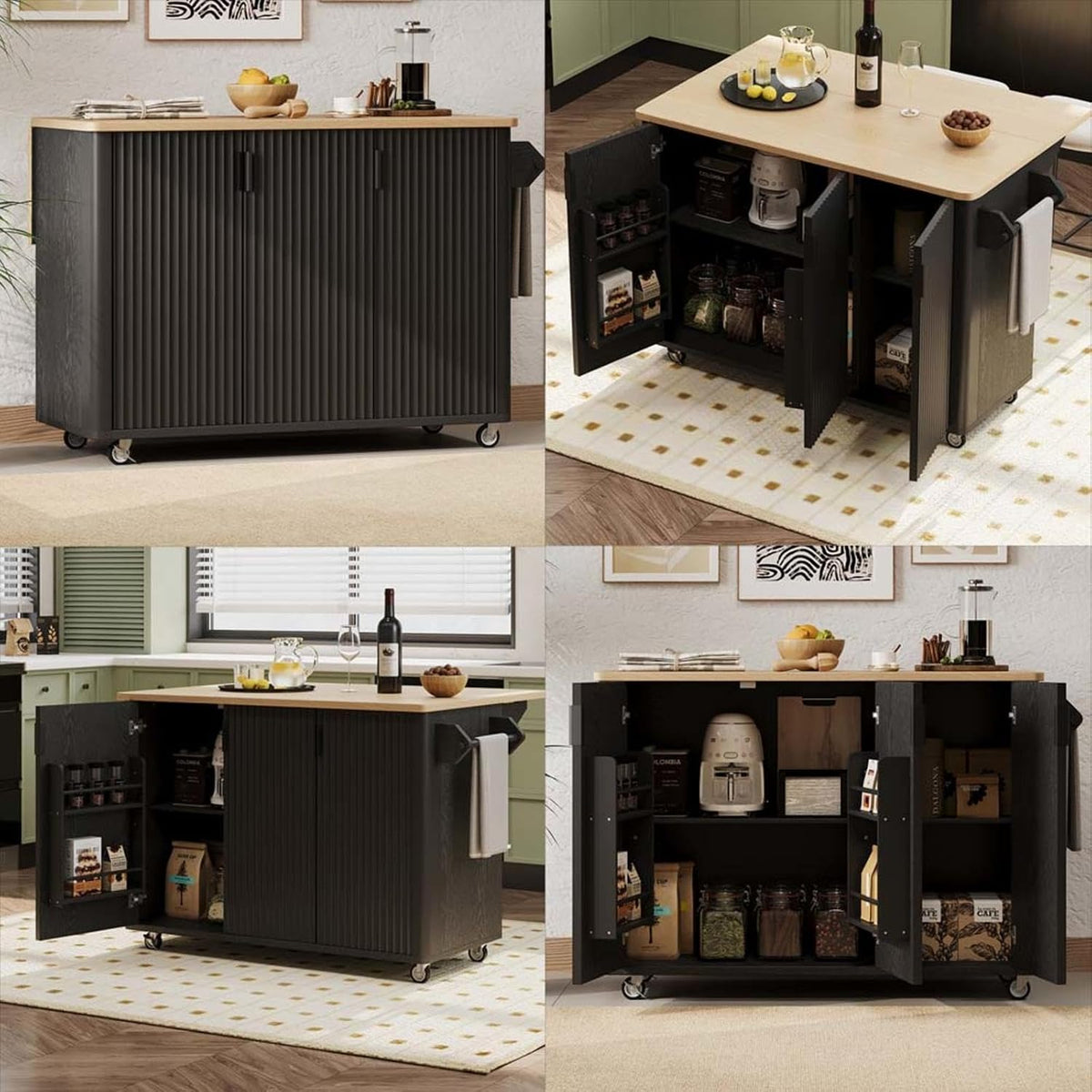 Kitchen Table with Storage with Drop Leaf Height-Adjustable Shelves, Island Kitchen with Wheels Towel Rack， for Kitchen, Dining Room, Black