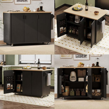 Kitchen Table with Storage with Drop Leaf Height-Adjustable Shelves, Island Kitchen with Wheels Towel Rack， for Kitchen, Dining Room, Black