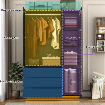 75"H Tall Modern 3 Doors Wooden Armoire Wardrobe Closet with 3 Drawers & 2 Mirror,Clothing Storage Cabinet with Hanging Rod,Bedroom Large Freestanding Armoires with Led Lights for Bedroom,Black