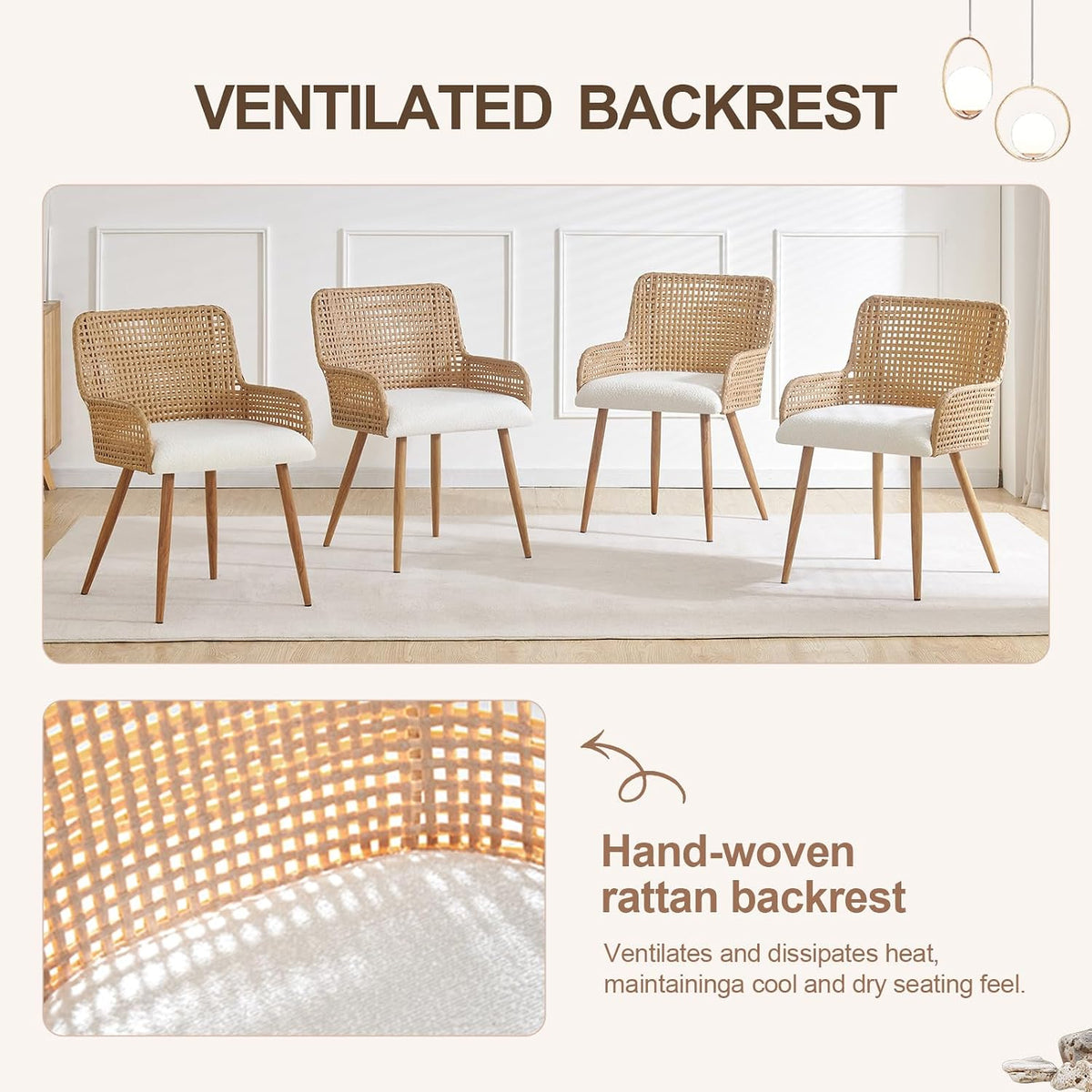 Rattan Dining Chairs Set of 4,Farmhouse PE Rattan Kitchen Chair with Upholstered Cushion and Metal Legs for Home,Kitchen,Brown