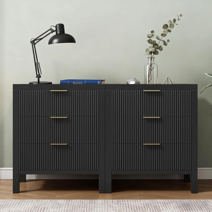 Fluted Nightstands Set of 2, Wooden Farmhouse Night Stands with 6 Drawer Bedside Table - Boho Tall End Table Accent Table for Bedroom, Living Room, （Black 2PCS）