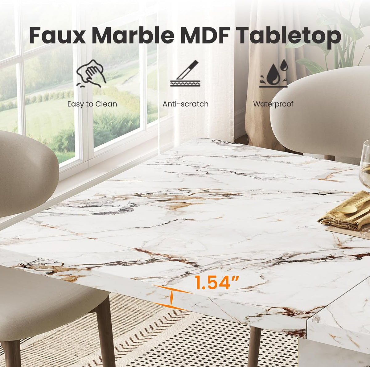 HOMISSUE 70" Faux Marble Dinner Table，Rectangle Modern White Dining Table for 6-8 People，Large Kitchen Furniture Table with Sturdy Base for Dining Room, Living Room, White