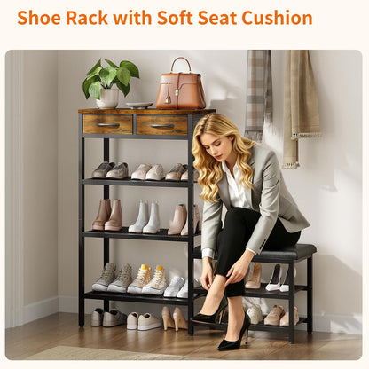HavenlyYouth Shoe Rack Bench Cushioned with 2 Drawers & 5-Tier Entryway Organizer, Metal Frame Wood Top, Narrow Hallway Bench for Boots, Holds 16-20 Pairs, Space-Saving for Closet & Front Door
