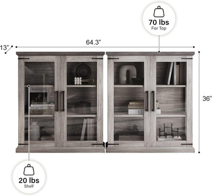 BELLEZE Set of 2 Glass Display Cabinet, 36" Tall Cabinet with Shelves and Glass Doors for Entryway, Living Room, Hallway, or Kitchen - Ashford (Gray Wash)