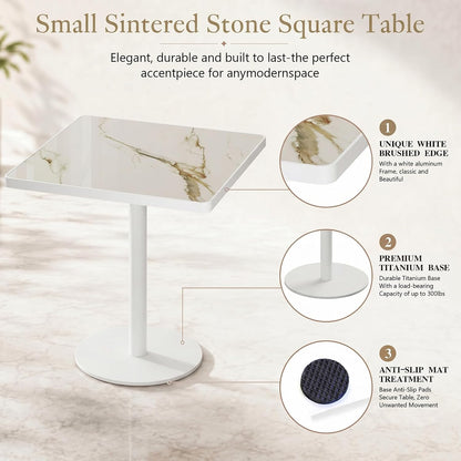 Square Dining Table,31.5'' Small Modern Square Dining Table, Sintered Stone Tulip Tables for 2–4 with Aluminum Alloy Edge&White Metal Base, Bistro Tables for Restaurants/Small Spaces/Marble White Gold