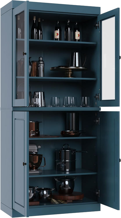 Palace Imports 100% Solid Wood Kitchen Pantry w/ 2 Glass & 2 Wood Doors, Teal Blue, 32" w x 71.5" h, Renewable Eco-Friendly Pine, Made in Brazil