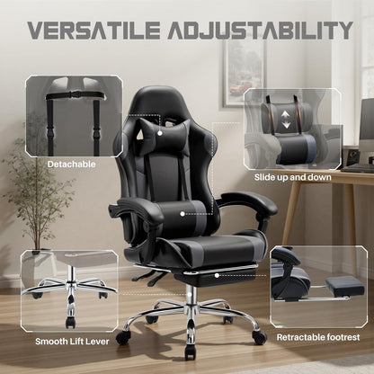 DUMOS Ergonomic Gaming Chair with Footrest, Home Office Desk Chair | PU Leather, Headrest, Linkage Armrests, Height Adjustable, 360 Swivel Reclining, Black Grey