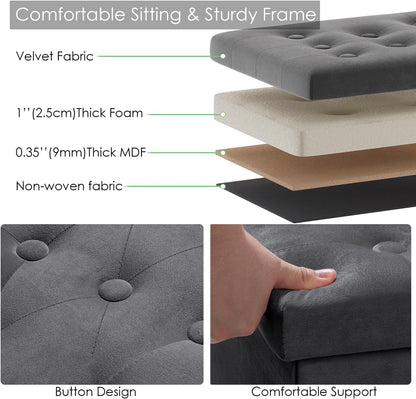 PRANDOM Jumbo Ottoman with Storage [1-Pack] Velvet Folding Small Square Foot Stool with Lid for Living Room Bedroom Coffee Table Dorm Dark Grey 43x15x15 inches