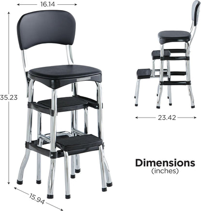 COSCO Retro Plastic & Vinyl Upholstered Stylair Retro Counter Height Chair with Step Stool, Comfortable Cushioned Seat and Back, in Black & Chrome Finish