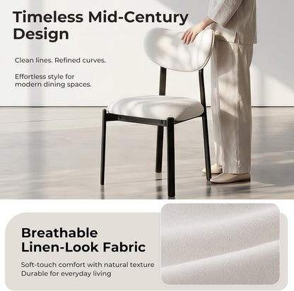 Dining Chairs, Modern Upholstered Fabric Kitchen Chairs | Textured Fabric, Curved Back, Upholstered Seat, Metal Frame, Dining Room, Kitchen, Breakfast Nook, Restaurant, White