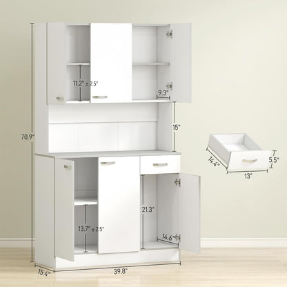 HOMCOM 71" Kitchen Pantry Cabinet, Tall Storage Cabinet with Microwave Stand, Buffet with Hutch, 6 Doors, Storage Drawer, 3 Adjustable Shelves for Living Room, Dining Room, White