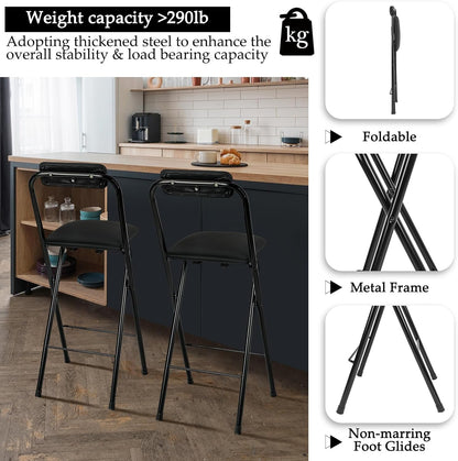 Thyle 1 Pcs Folding Bar Stool with Backrest Counter Height Seat,29.5 Inch | Tall Foldable Design for Kitchen Island Cafe Dining, Portable Space-saving, Leather Padded Seat Back, Metal Frame