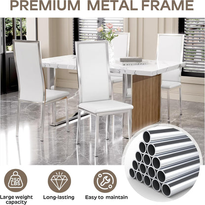 Modern Dining Chairs Set of 6, White Faux Leather with Chrome Silver Metal Legs, Curved High Back Design & Cloud Cushioning, Mid-Century Kitchen Chairs with Non-Slip Feet (Easy Assembly)
