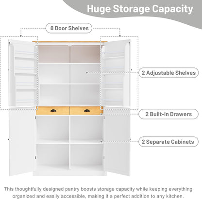 RUNNA 40.2x20x71.3inch High Freestanding Kitchen Pantry Large Cupboard Storage Cabinet with 2 Drawers, 2 Adjustable Shelves, 8 Door Shelves for Kitchen, Dining Room (White#046)