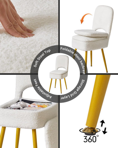 IBUYKE Small Storage Vanity Stool with Folding Backrest, 12.99" x 13.78" x 31.5" Square Teddy Velvet Ottoman, Makeup Chair for Living Room, 4 Metal Legs with Anti-Slip Feet, White WBD027W
