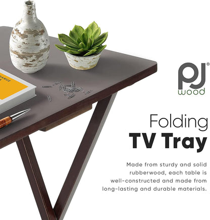 PJ Wood Espresso - 5-Piece TV Tray Table Set - Folding with Storage Rack | Solid Rubberwood, 19.09 x 14.57 x 26 in Each, 3 in Thick Collapsed, 40 lb Capacity, 5 Units, Indoor Use