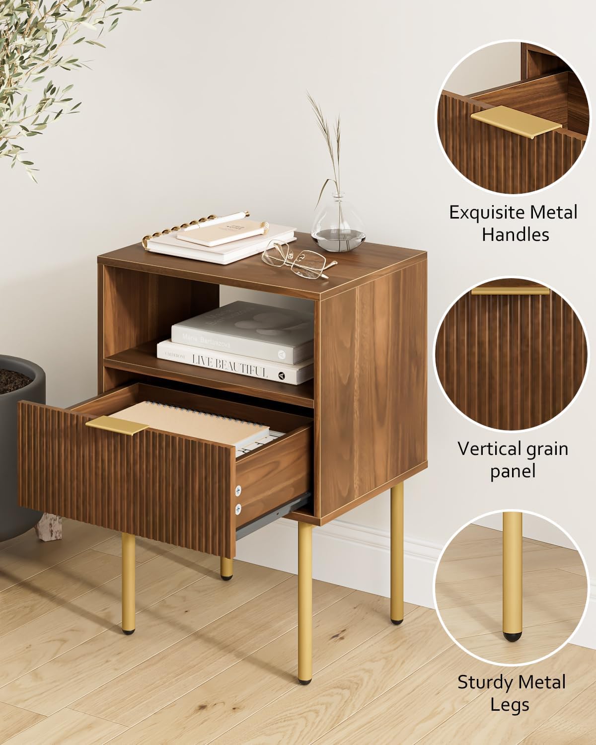 Masupu Night Stand,Mid-Century Modern Bedside Table with Storage Drawer and Open Wood Shelf,Small Gold Frame Side Table for Bedroom,Living Room, Walnut