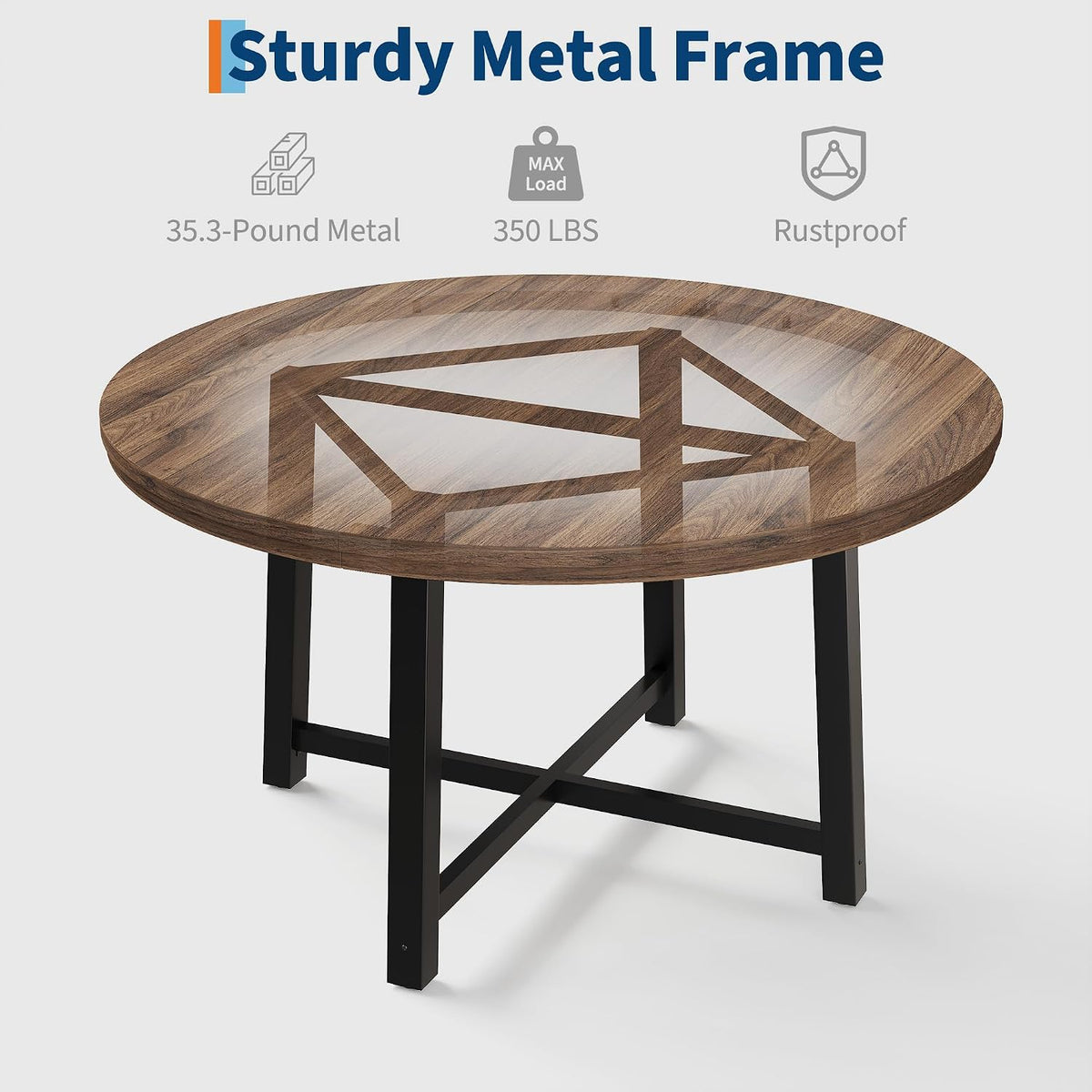 GarveeHome 47 in Round Dining Table, Industrial Dinner Table for 4 to 6, Wooden Kitchen Table with Sturdy Metal Frame & Rustic Brown Finish, Circle Kitchen Table for Dining Room, Kitchen （No Chairs）