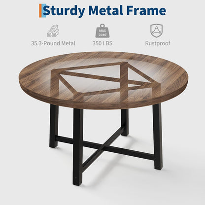 GarveeHome 47 in Round Dining Table, Industrial Dinner Table for 4 to 6, Wooden Kitchen Table with Sturdy Metal Frame & Rustic Brown Finish, Circle Kitchen Table for Dining Room, Kitchen （No Chairs）