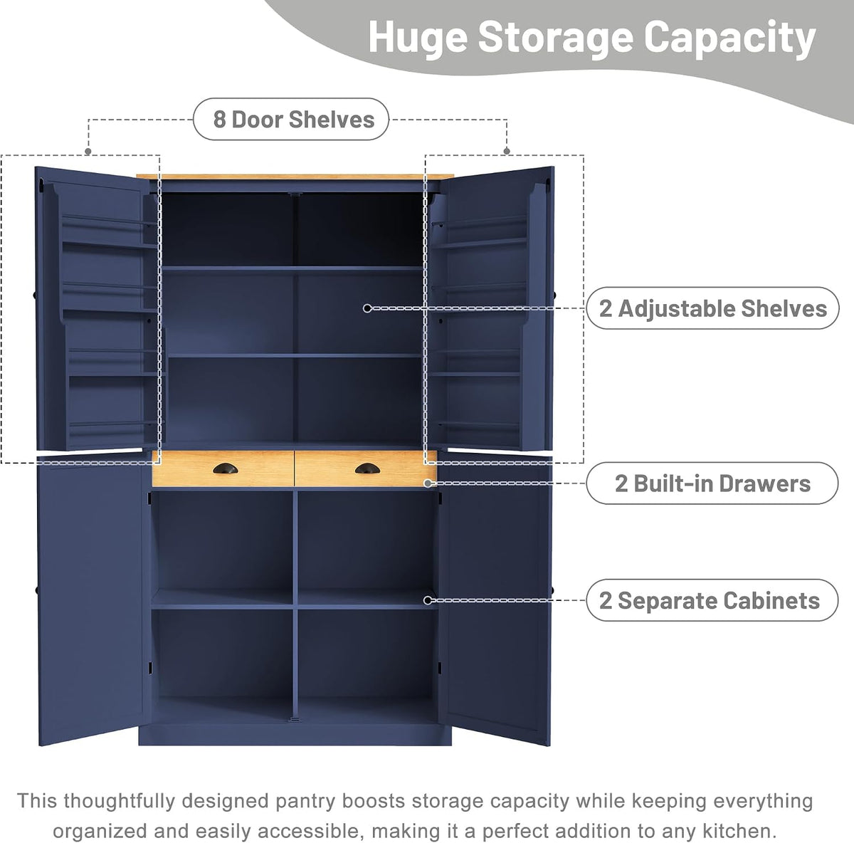 71.3'' Tall Wood Kitchen Pantry, Farmhouse Food Pantry Cabinet with 8 Door Shelves / 2 Drawers, Freestanding Large Cupboard with Adjustable Shelves for Kitchen Dining Room, Blue