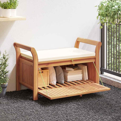 Outdoor Storage Bench with Cream Cushion, 49.6 Inch Acacia Wood Garden Seating with Under Seat Storage, Weather-Resistant Patio Entryway Furniture for Backyard Deck
