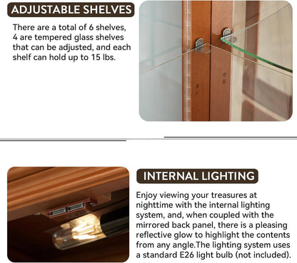 Lighted Curio Cabinet with Tempered Glass Doors, 6 Tiers Curio Diapaly Cabinet with Adjustable Shelves and Mirrored Back Panel, Floor Standing Glass Display Cabinet for Home No Bulb (Walnut)