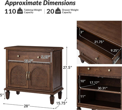 HULALA HOME End Table with Doors and Drawer, Traditional Side Table with Solid Wood Legs, Adjustable Shelf, Charging Station, Walnut