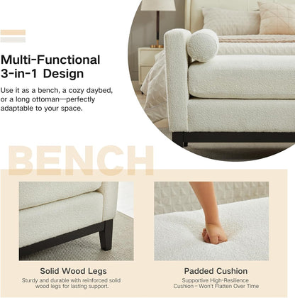 End of Bed Bench for Bedroom, 66.34'' Boucle Fabric Long King Size Bench with Black Legs for Entryway, Hallway, Cloakroom, Window Bench (White).